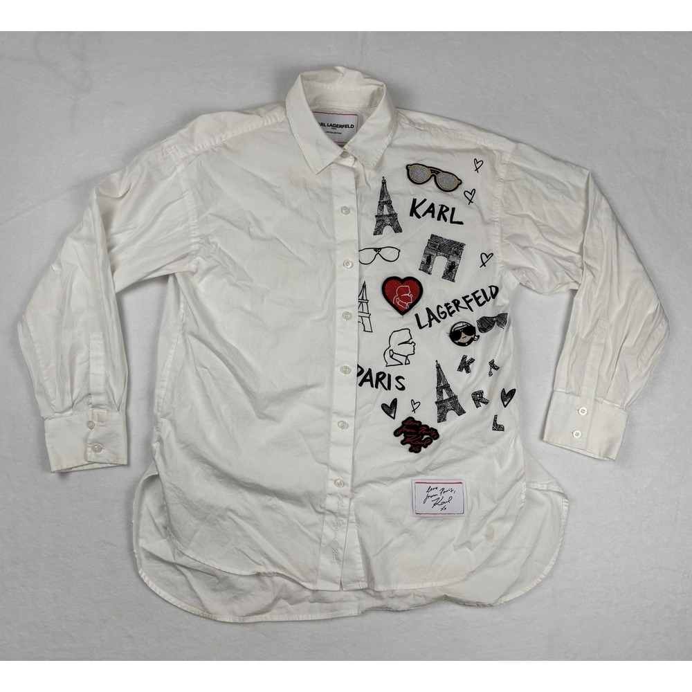 Karl Lagerfeld Paris Womens Button Shirt Embroidered Graphic‎ White Size S